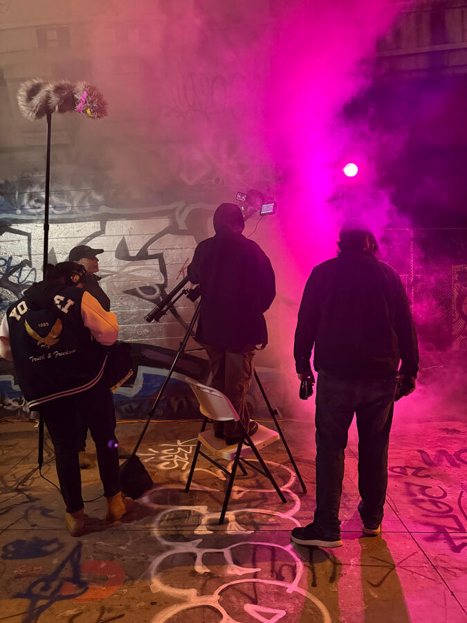 On Set for &quot;Crime Scene&quot;, a VR project. Setting levels during actor rehearsal. Photo credit: Neko Ferro